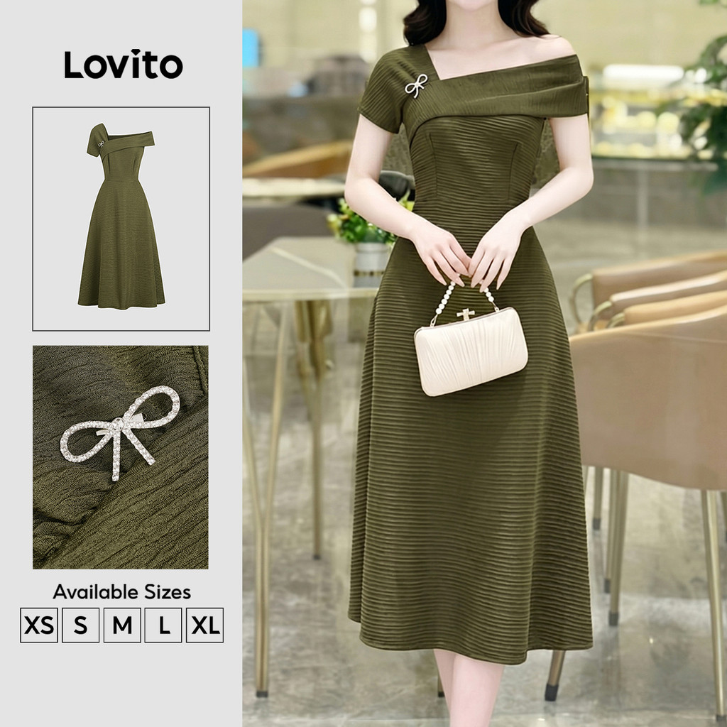 Lovito Vestido Verdeoliva Assimétrico Com Strass E Fivela Elegante Primavera/Verão Feminino LK6ED172