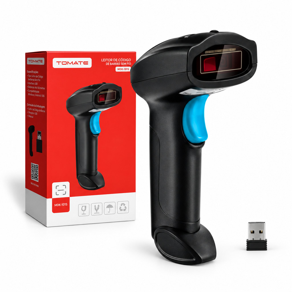 Leitor de Código de Barras 1D Sem Fio Tomate MDK-101S USB Recarregável para Loja e Estoque