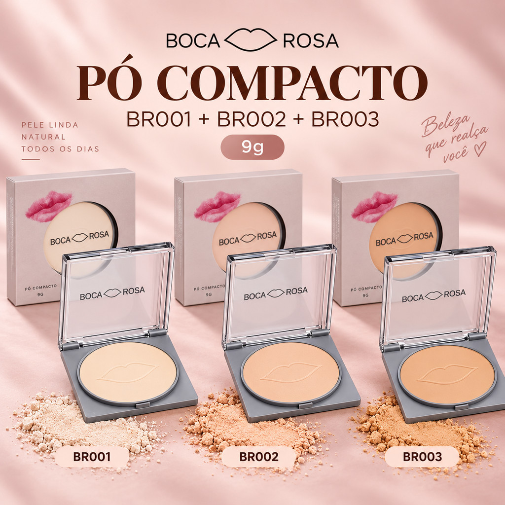 Pó Compacto Boca Rosa 9g Efeito Matte Controle de Oleosidade BR001 BR002 BR003