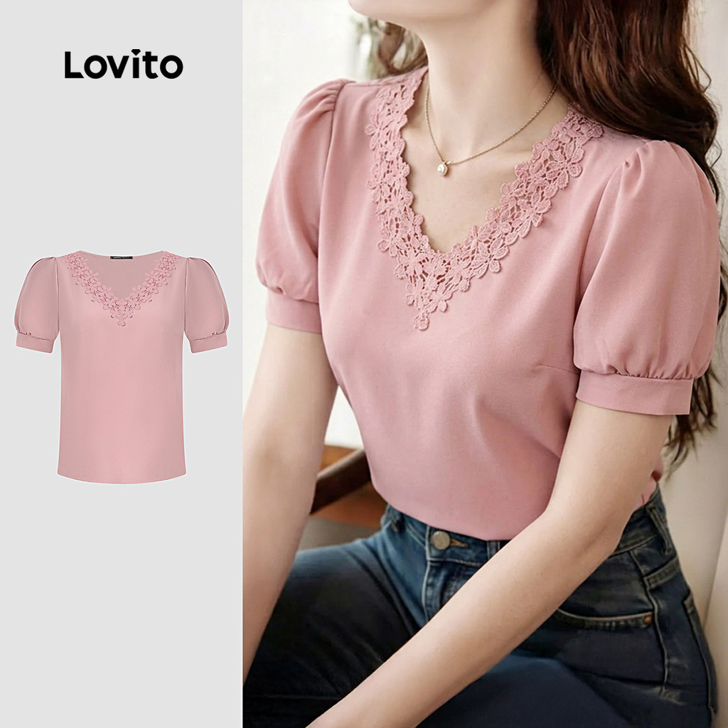 Lovito Blusa Elegante de Tecido de Renda com Recortes e Plissados Rosa para mulheres Bordado BLB198P1D963