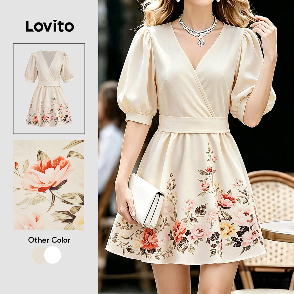 Lovito Vestido Casual Retrô Com Laço E Amarração Cor Cáqui Claro Para Mulheres Para Primavera/verão DRK8P1D686