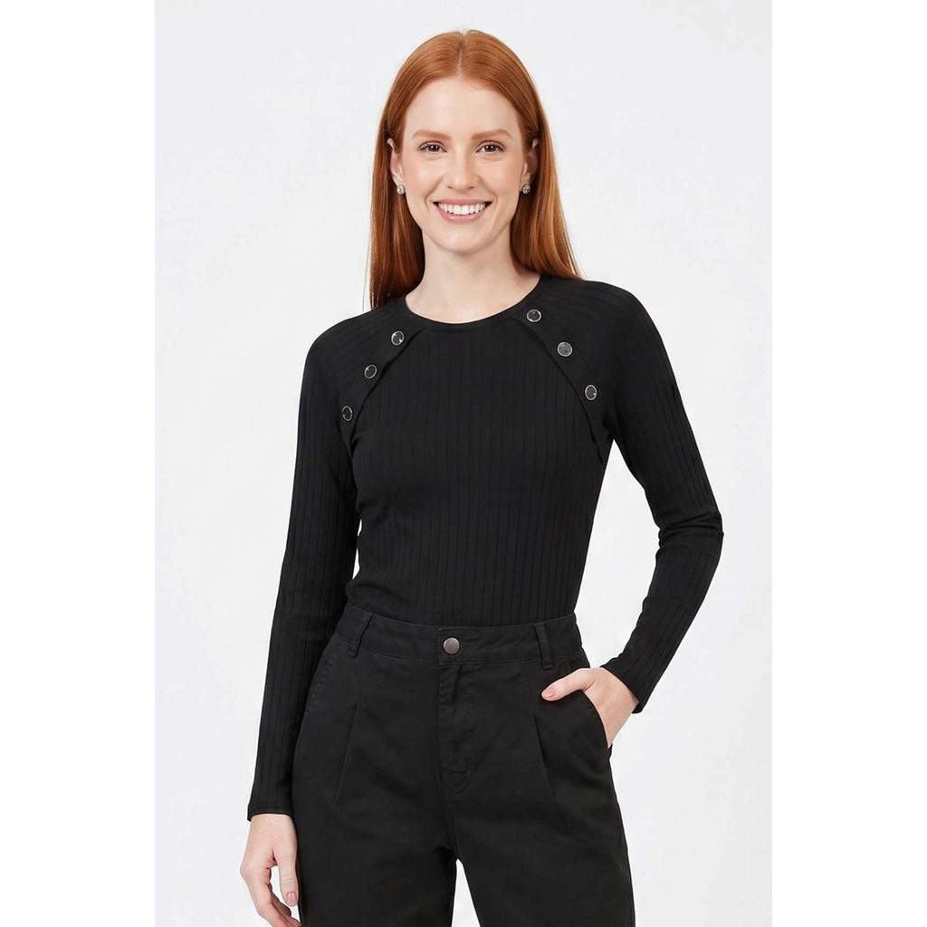 Blusa Feminina Canelada Botões Marialícia Preto