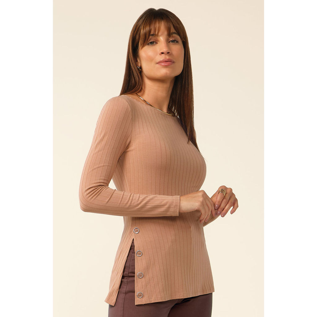 Blusa Feminina Com Botões Canelada Marialícia Marrom