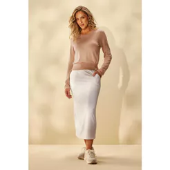 Saia Midi Comfy Feminina Com Bolsos Marialícia Bege