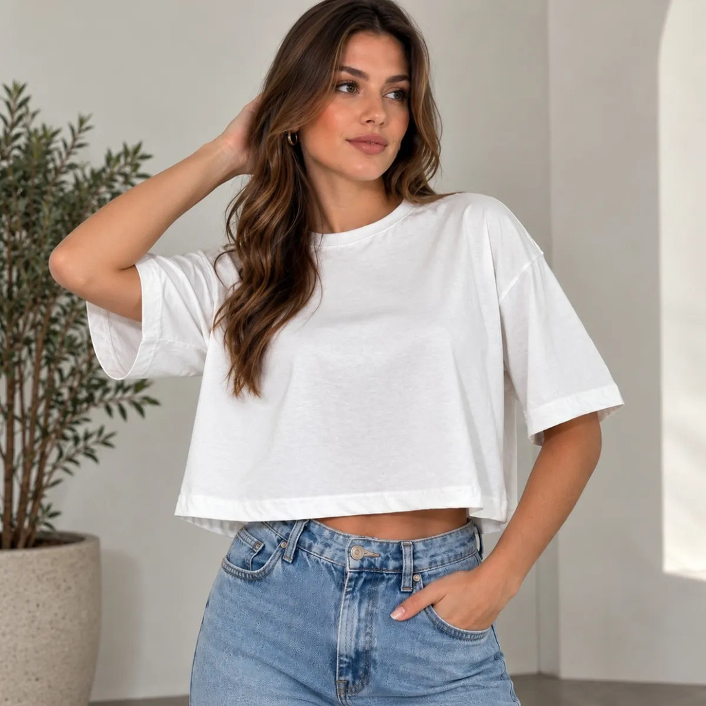 Camiseta Cropped Feminino Oversized 100% Algodão Off White Estilosa Básica