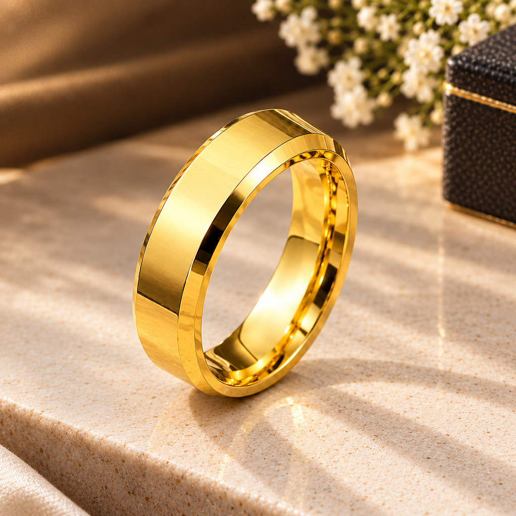 Aliança Dourada em Aço Inoxidável Chanfrada Anel de Casamento para Casal Feminino e Masculino Elegante