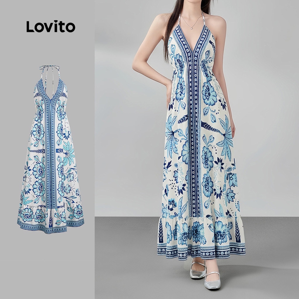 (Férias)Lovito Vestido Longo Azul Floral De Férias Com Decote Halter Ajustável Decote Em V Profundo E Costas Abertas Com Amarração Para Primavera/verão Feminina LR35E325