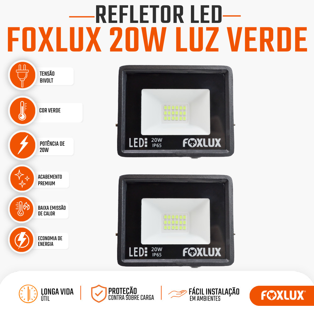 Refletor LED 20W Foxlux Luz Verde Decorativa IP65 Resistente a Água Kit com 2