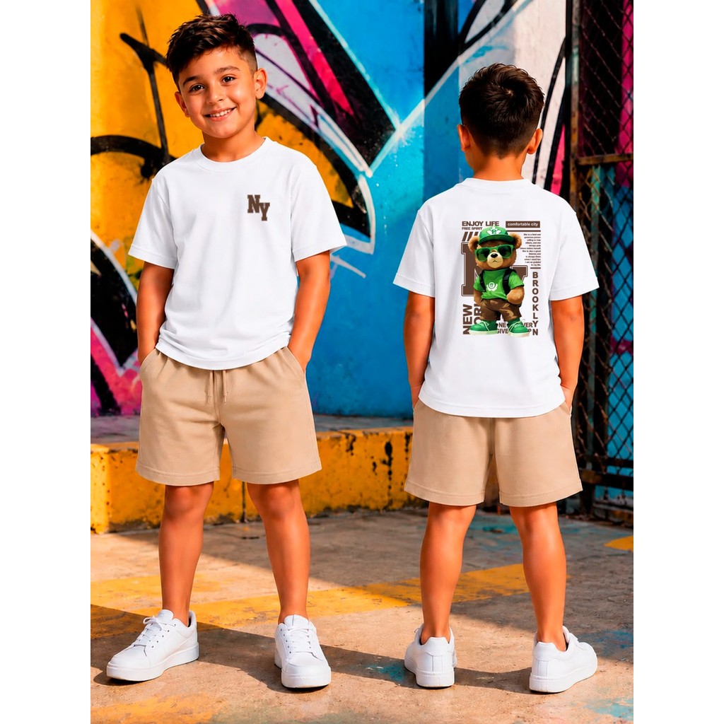 Conjunto Infantil Camiseta + Bermuda Bege Menino Estilo Casual e Confortável Urso Estiloso