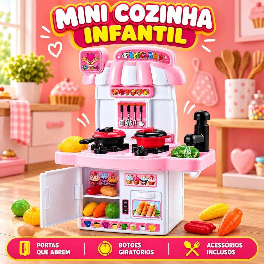 Mini Cozinha Infantil com Fogão Pia Panelinhas e Acessórios Brinquedo Faz de Conta Presente