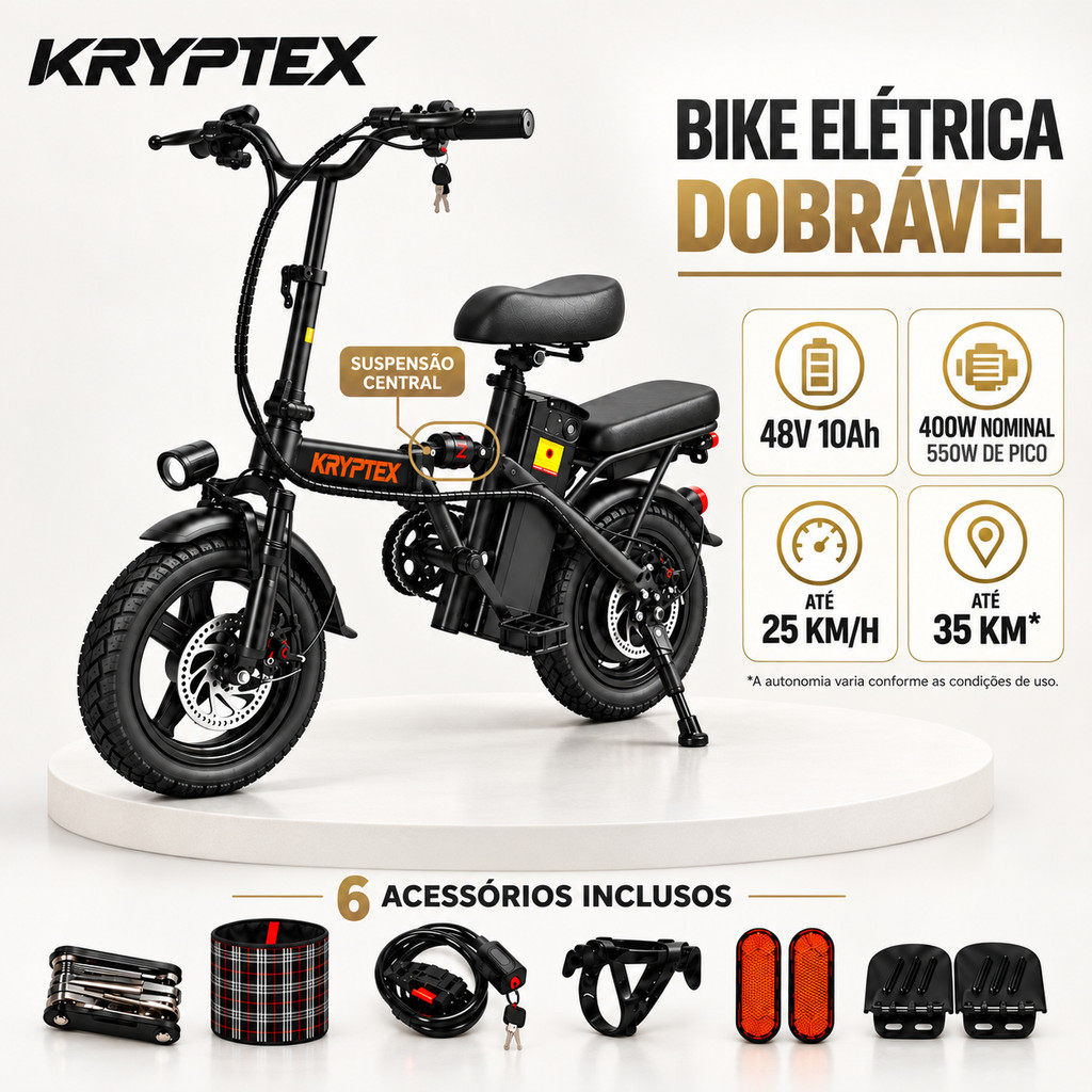 Bicicleta Elétrica KRYPTEX Dobrável 400W 48V 10Ah Com Suspensão Bateria Removível Velocidade 25km/h