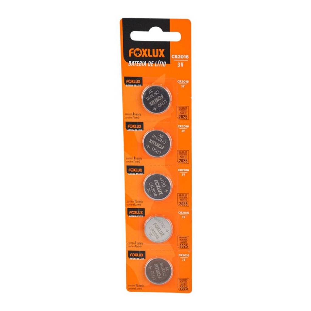 Pilha Bateria Moeda 3V CR2016 Foxlux Lítio Kit com 5