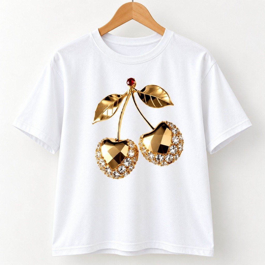 Camiseta Feminina Estampa Cereja Dourada 100% Algodão Premium Blusa Casual Moderna Confortável Gola Redonda