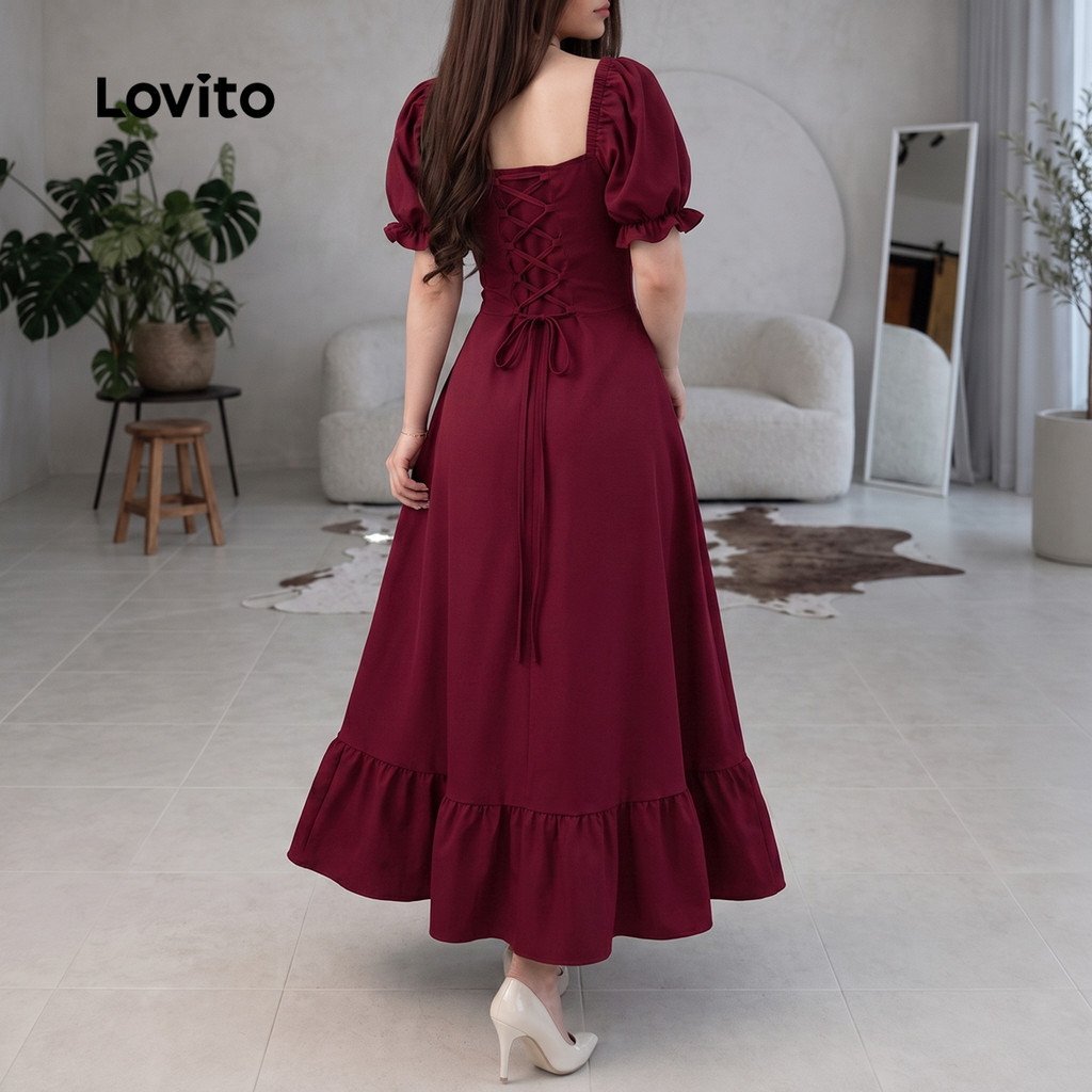 Lovito Vestido Feminino Bordô Elegante com Amarração nas Costas e Babado Modelo Longo A Primavera Verão Ano Novo Chinês e Traje de Trabalho DRB204P1D551 · foto 2