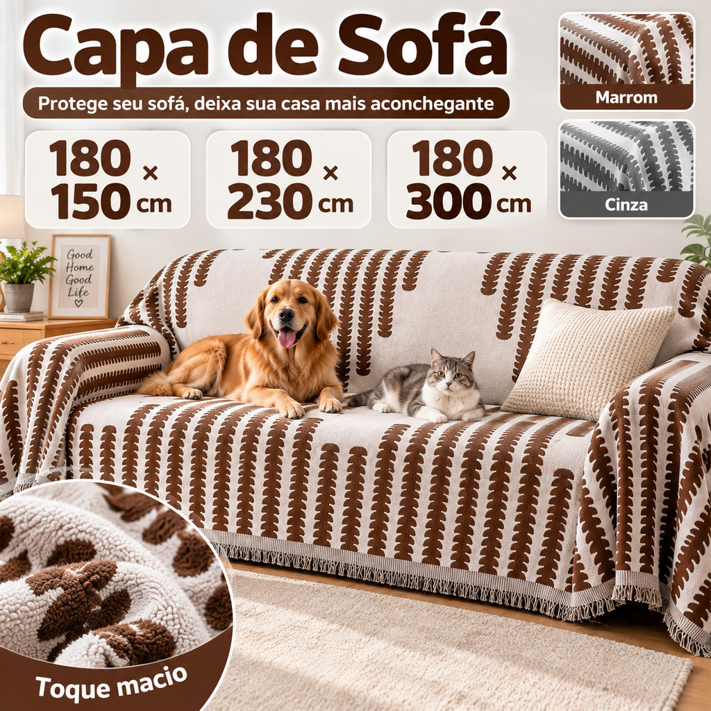 Capa para Sofá Antiderrapante Antirriscos de Gato Manta Protetora Chenille para Pets 180x150/230/300cm