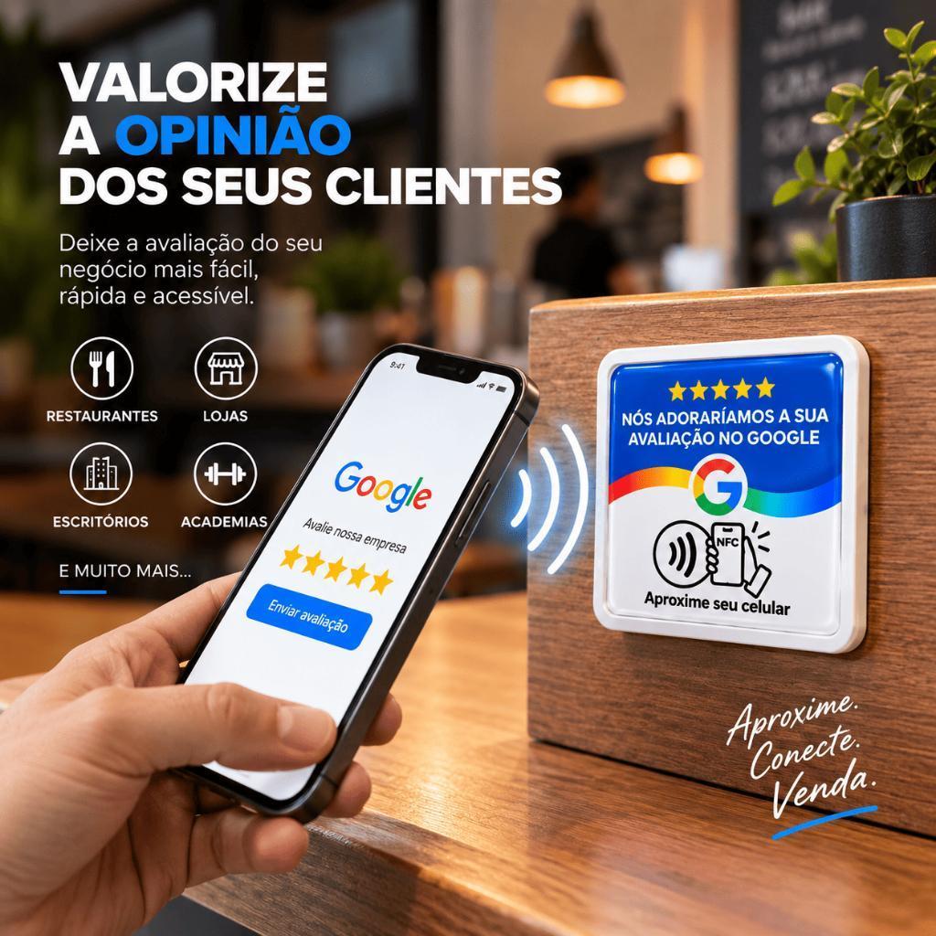 Kit com 2 Placas NFC Aproxime o Celular Avaliação Google 10x10cm para Parede 3D