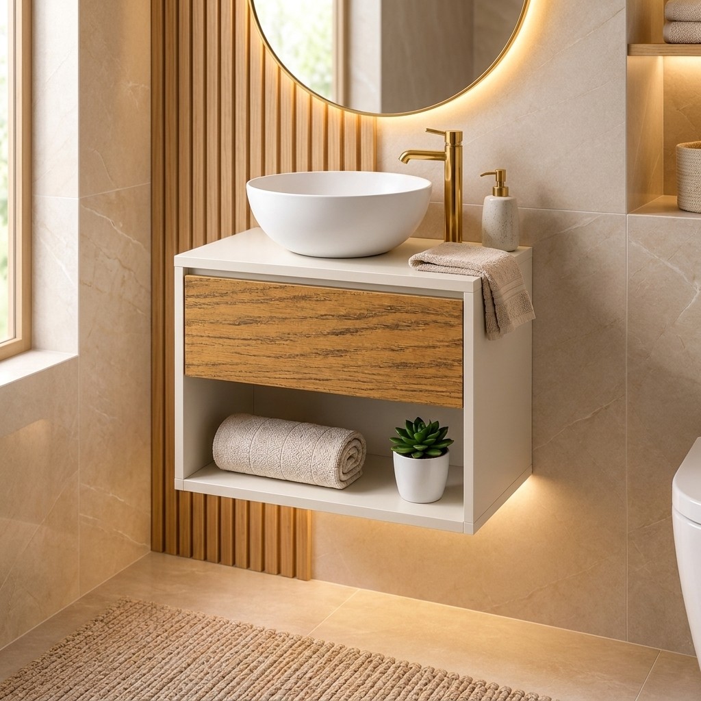 Gabinete Suspenso Banheiro com Cuba Redonda Jade Armário para Lavabo com Nicho Compacto Moderno