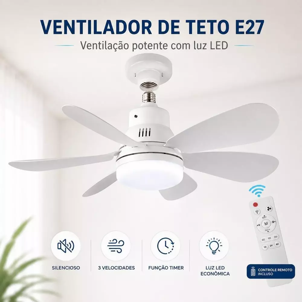 Ventilador De Teto Com Luz LED 6 Hélices 42cm 60W Bivolt Com Controle Remoto 3 Tipos De Luz Para Quarto Sala Casa