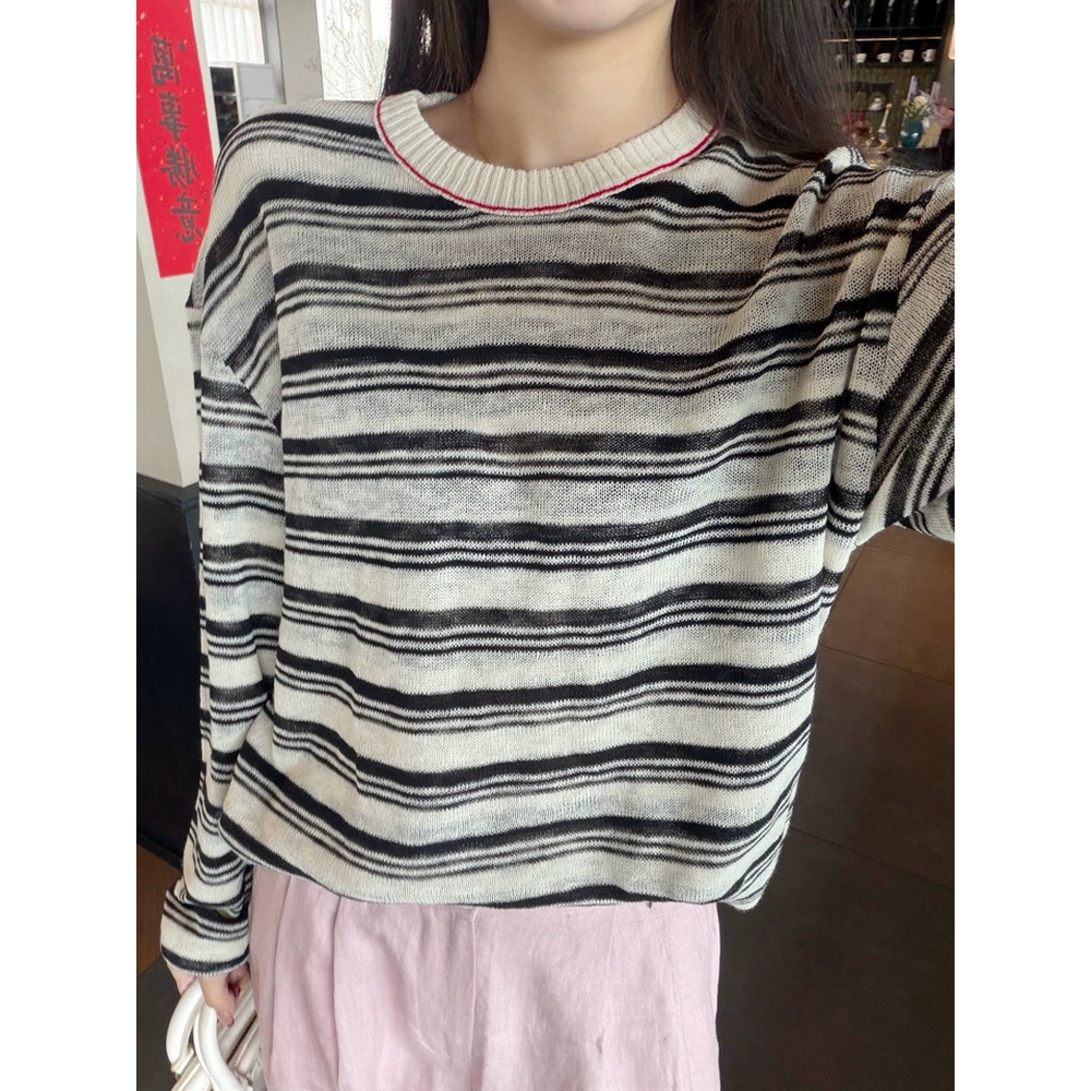 Forte recomendação!Estilo preguiçoso preto branco listrado de manga comprida solto Casual camiseta feminina verão novo e