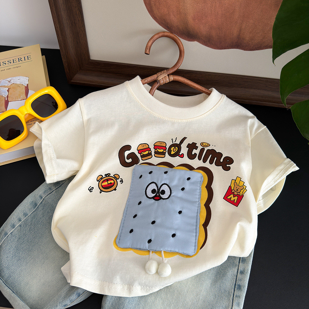 Estilo coreano crianças puro algodão boneca de manga curta camiseta 2025 roupas de verão meninos meninas dos desenhos an
