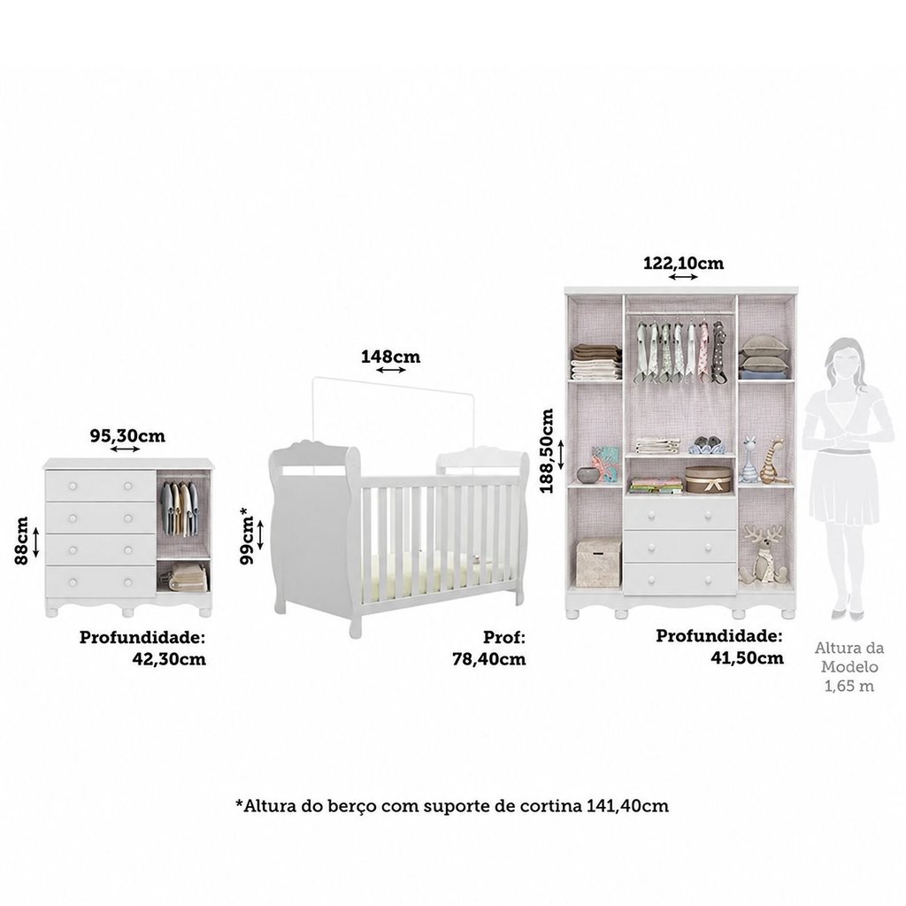 Quarto de Bebê Completo Berço 3 em 1, Cômoda e Guarda Roupa 100% MDF Nina Espresso Móveis Branco Branco Brilho · foto 2