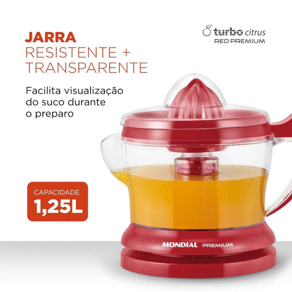 Espremedor 1.25L Mondial Premium E-23 com Dupla Rotação e Acionamento Automático Vermelho 220V
