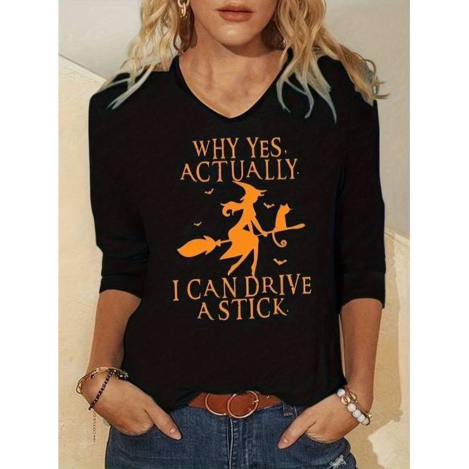 Camiseta Feminina Manga Três Quartos Estampada Bruxa Gato Divertida Confortável Estilosa Linda Moda Casual Tendência