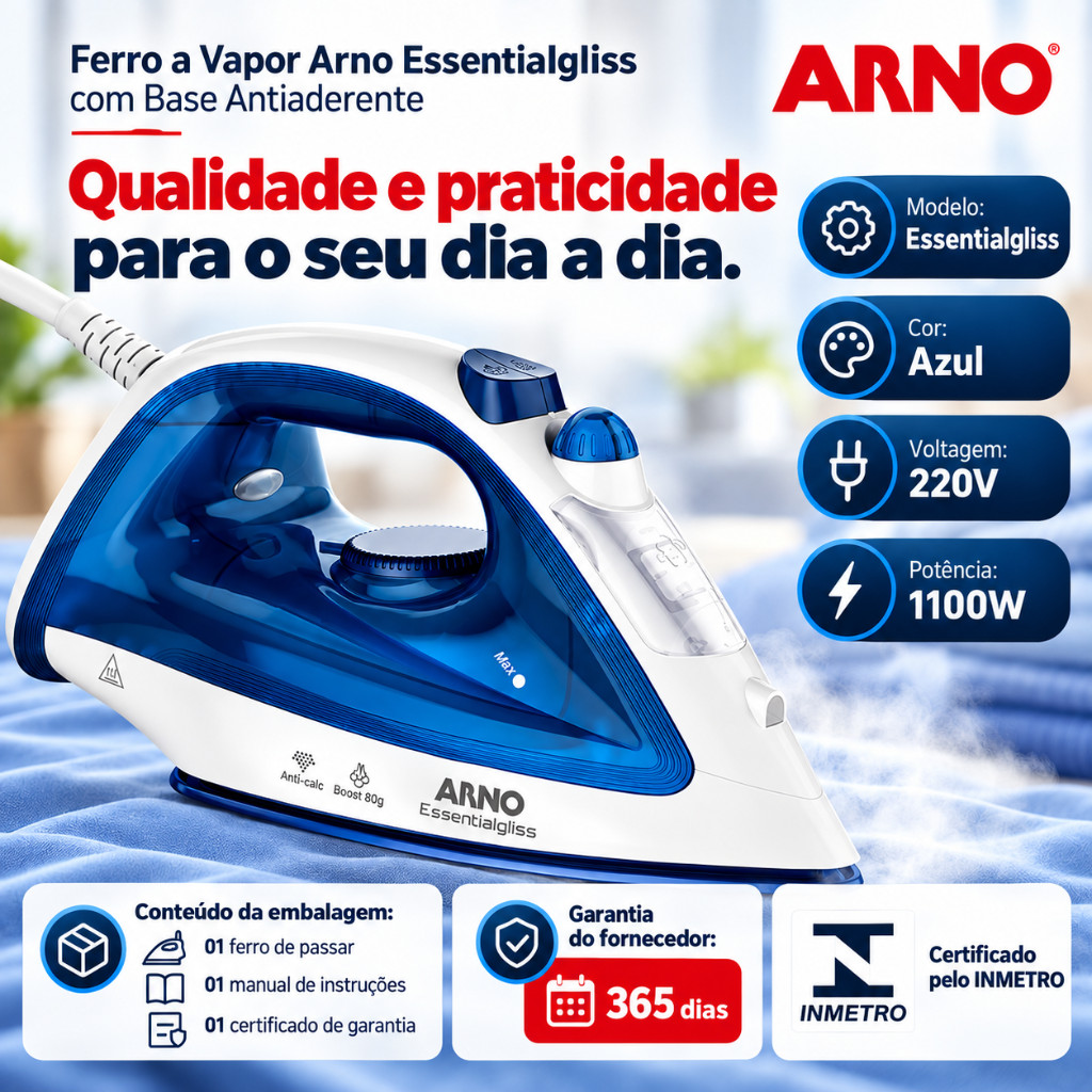 Ferro de Passar a Vapor Arno 220V 1100W Essentialgliss Base Antiaderente Azul Vapor Vertical Portátil FV1050B2/AMA-3225