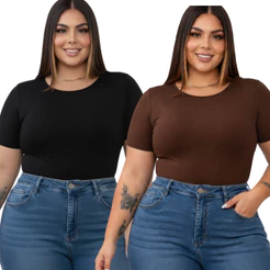 Kit 2 Body Plus Size Manga Curta Suplex Premium Com Forro Gola Careca Básico Liso Elegante Tendência Moda Verão 2026