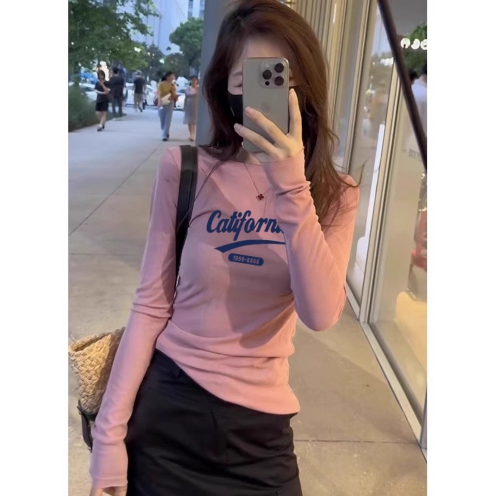 Dopamina menina rosa frente ombro manga comprida camiseta feminina primavera outono novo estilo americano carta impressã