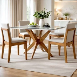 Conjunto Sala de Jantar Mesa Donna com 4 Cadeiras Lady em Madeira Maciça Marrom/Mel/Off White