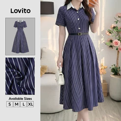 Lovito Vestido Casual Azulmarinho com Botões e Pregas Estilo Colorblock Primavera/verão para mulheres DRB38BR145