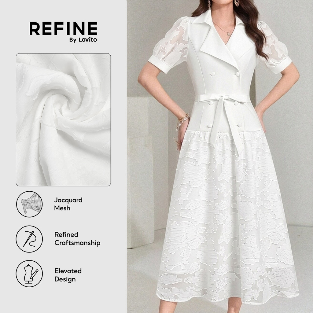 (New Arrival) (Refine by Lovito) Vestido Branco Feminino De Trabalho Com Estampa Floral Jacquard Botões Duplos E Saia Longa Fluida DRR43P1D071