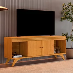 Rack Ripado para TV até 65 Polegadas 100% MDF 160cm Pés em Madeira Maciça 2 Portas Madrid Marrom Naturalle