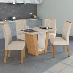 Conjunto Sala de Jantar 4 Lugares Retangular Tampo MDF Mesa e Cadeiras Apogeu Amêndoa Clean/Off White/Bege Amêndoa
