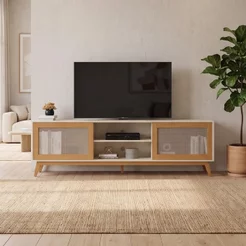 Rack para TV até 75 Polegadas MDF 218cm Pés em Madeira Maciça Denver Yescasa Cinza Off White/Nature