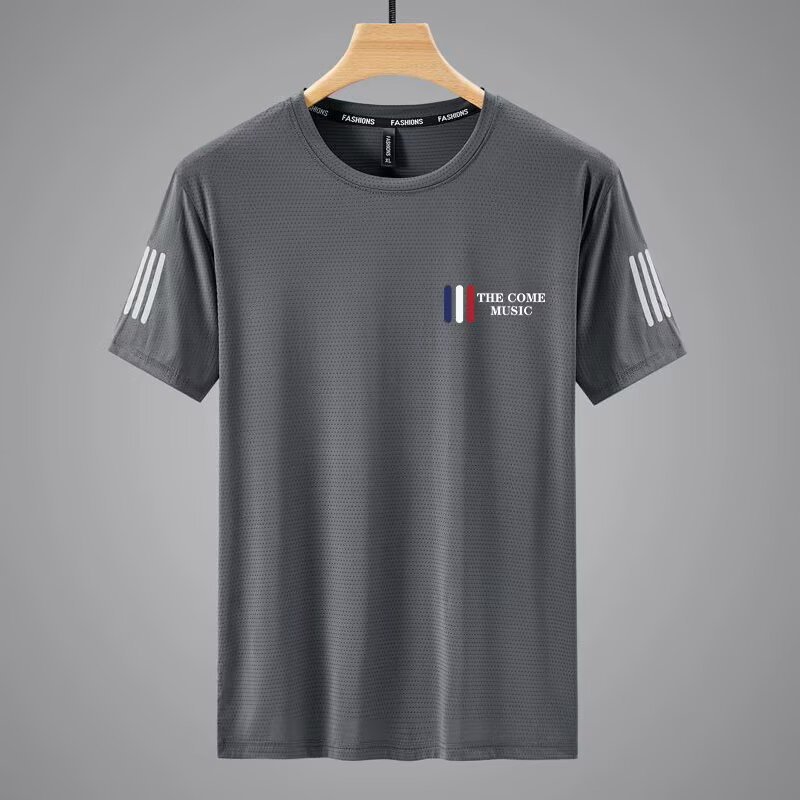 Camiseta de manga curta masculina verão novo estilo malha de seda gelo em torno do pescoço solto na moda ins meia manga 