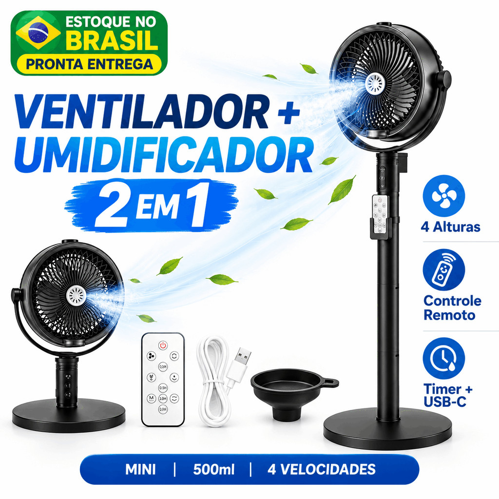 Ventilador Mini com Umidificador USB-C Recarregável 4 Velocidades Timer Controle Remoto Mesa e Coluna