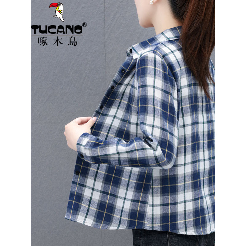 Woodpecker escovado xadrez camisa feminina de manga comprida primavera outono novo estilo mãe estilo ocidental reduzindo