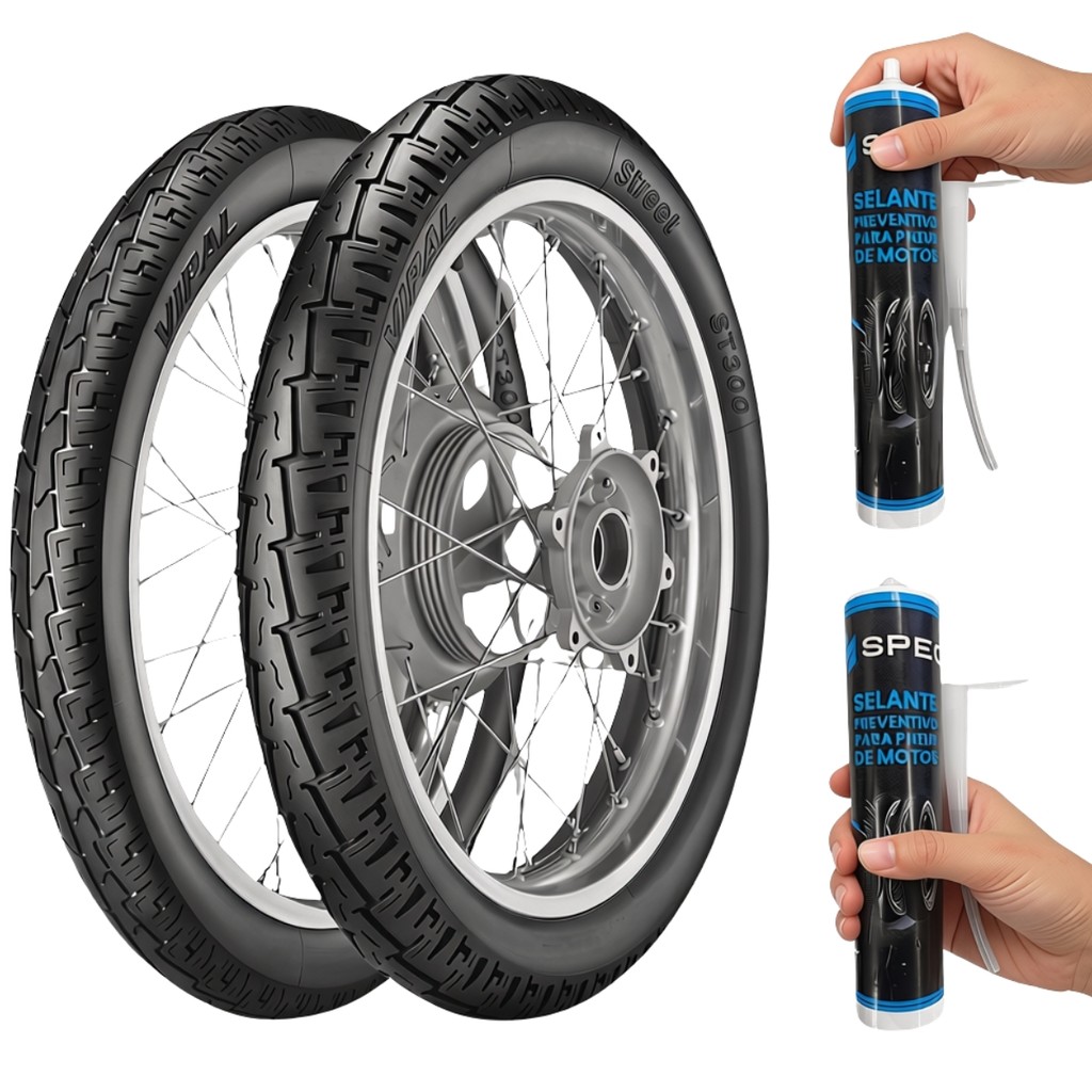 Kit Par Pneu Vipal 90/90-18 + 2.75-18 Moto Cg 150 Titan Fan 125 YBR 125 Titan 125 Factor + 2 Selantes Furo 300 ml Spec