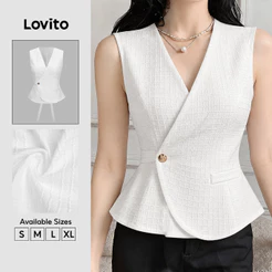 Lovito Top Feminino Branco Assimétrico com Laço Elegante para primavera/verão Sem Manga TKK9P2D247