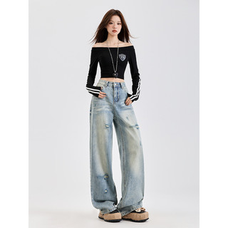 Vfvk americano Retro Jeans retos feminino 2026 outono novo estilo rasgado cintura alta mais magro olhar solto calças de 