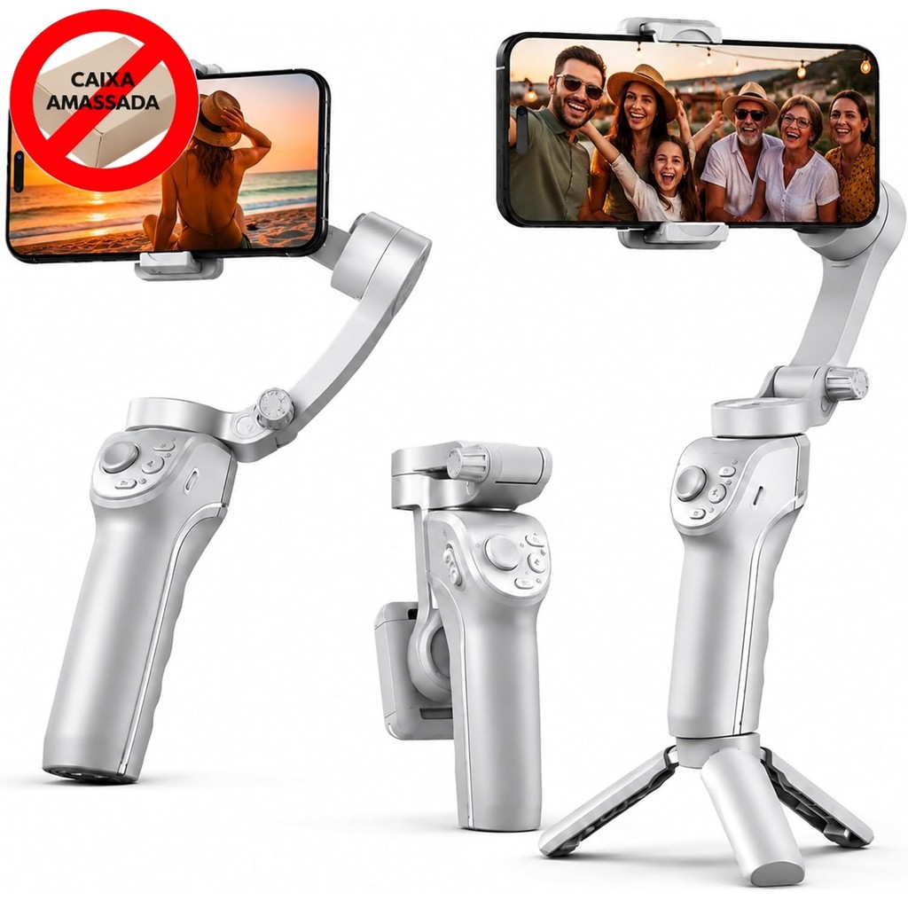 Estabilizador Gimbal 3 Eixos para Celular com Tripé Articulado Bluetooth e Luz Integrada iOS Android - CAIXA AMASSADA