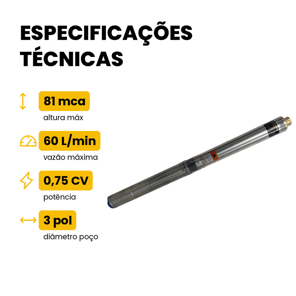 Bomba Submersa Poço Caneta 3 Pol 0,75CV 220V JST3/13 JST 81m 60L/min — imagem 2 de 2