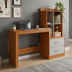 Escrivaninha Mesa Escritório com Estante Alana 2 Gavetas 4 Nichos 141cm Cinamomo e Off Marrom Cinamomo/Off White