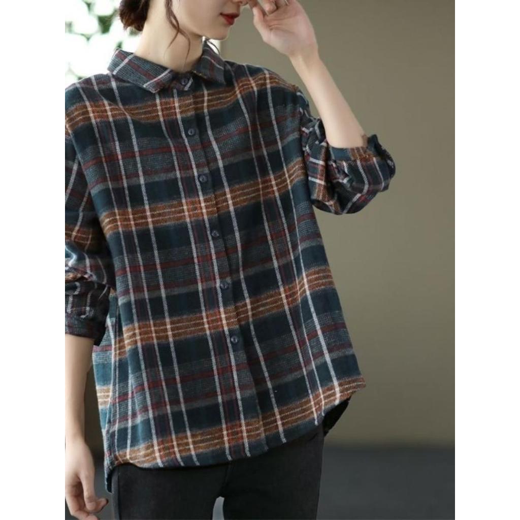 Retro algodão linho xadrez de manga comprida estilo ocidental camisa feminina estilo fino primavera novo estilo solto ta