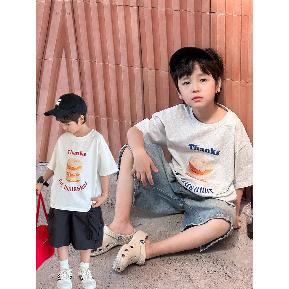 Yima meninos carta Donut impressão camiseta de manga curta crianças verão estilo fino bebê puro algodão camisa de fundo 
