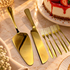 Jogo Talheres Dourados Para Bolo e Sobremesa – 8 Peças Luxo Inox Kit Pá Faca 6 Garfos Festa Casamento Mesa Posta