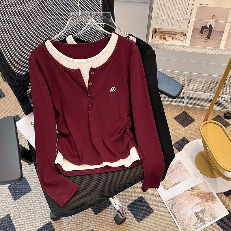 Blusa Falsa De 2 Peças Feminina Estilo Coreano Elegante Manga Comprida Casual Moda Camisa Top