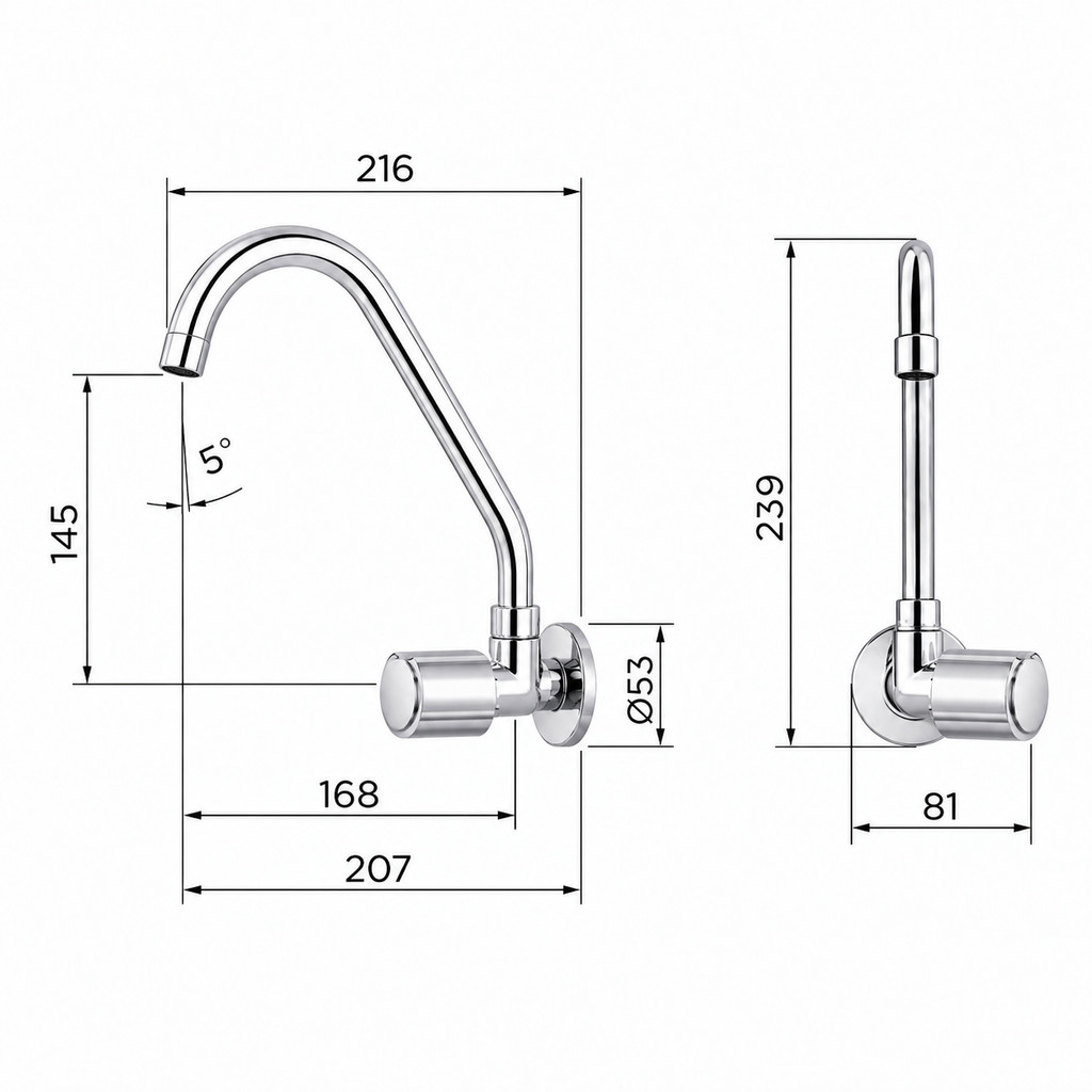Torneira de Cozinha de Parede C22 Bica Móvel Metal Cromado Resistente — imagem 2 de 2